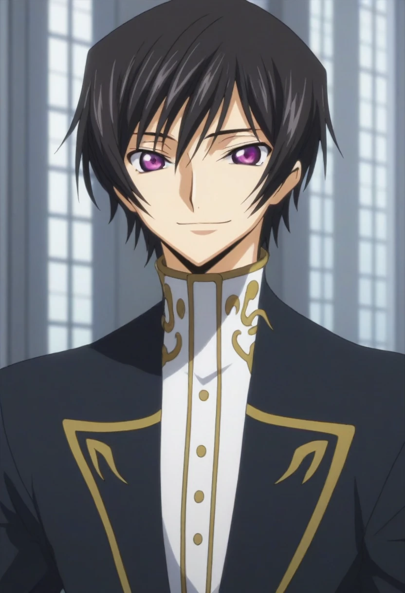 score_9, score_8_up, score_7_up, source_anime, rating_safe, intricate details, anime screencap, , , looking at viewer, depth of field, 1boy, solo, male focus, lelouch_lamperouge, black hair, purple eyes, bangs, smile, cute, hugs, black suit costume, castle, room, dusk.
