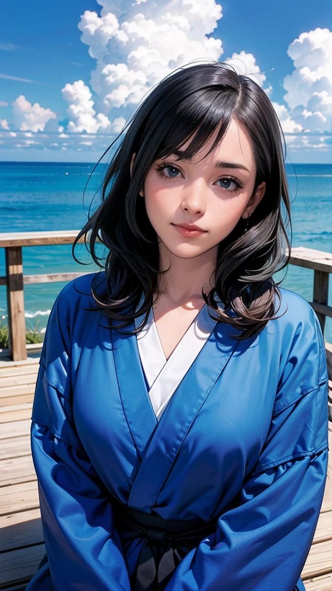 ((最high quality, 8K, masterpiece: 1.3, Ultra HD, high quality, 最high quality, High resolution, realism)) 、Beautiful 18 year old Japanese woman、Hair  is black、Iridium Hair、My hair is wavy、smile、I want to keep my head out of the screen.、sit on a high breakwater on the beach、The blue sky is beautiful、There is a cloud at the entrance、that&#39;summer、In jeansｔshirt、There is a road in front of the breakwater.、There is a sign indicating the bus stop.、The sea is beautiful、Beautiful Horizon、 island can be seen offshore