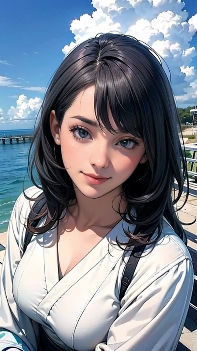 ((最high quality, 8K, masterpiece: 1.3, Ultra HD, high quality, 最high quality, High resolution, realism)) 、Beautiful 18 year old Japanese woman、Hair is black、Iridium Hair、My hair is wavy、smile、I want to keep my head out of the screen.、sit on a high breakwater on the beach、The blue sky is beautiful、There is a cloud at the entrance、that'summer、In jeanstshirt、There is a road in front of the breakwater.、There is a sign indicating the bus stop.、The sea is beautiful、Beautiful Horizon、 island can be seen offshore
