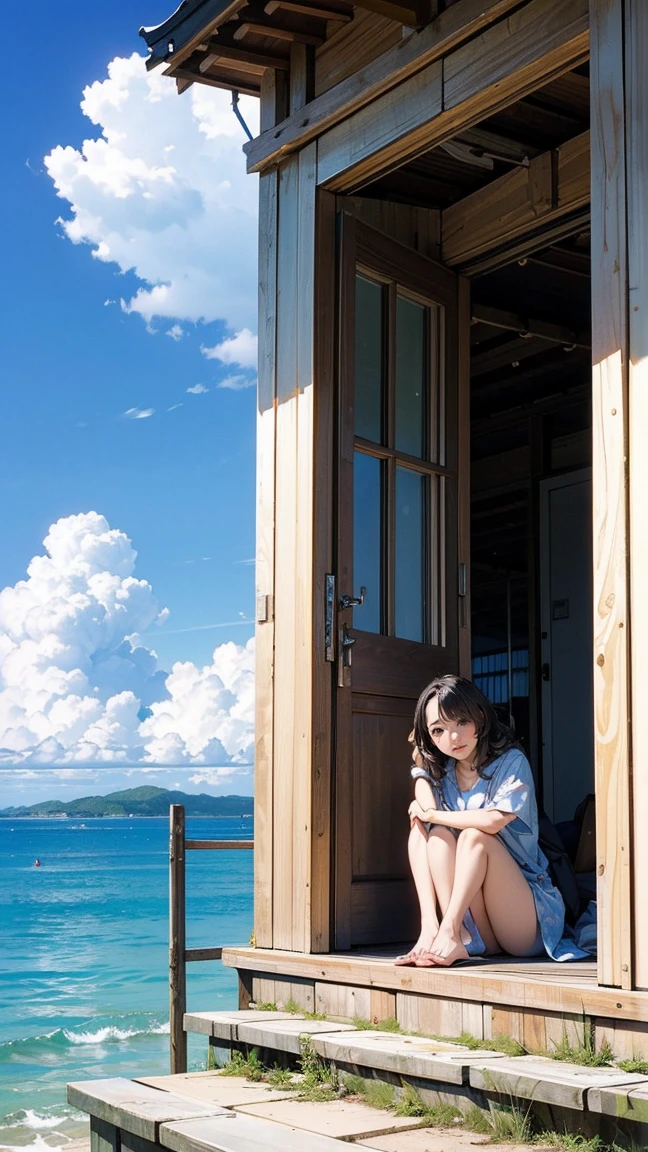 ((最high quality, 8K, masterpiece: 1.3, Ultra HD, high quality, 最high quality, High resolution, realism)) 、Beautiful 18 year old Japanese woman、Hair is black、Iridium Hair、My hair is wavy、smile、I want to keep my head out of the screen.、sit on a high breakwater on the beach、The blue sky is beautiful、There is a cloud at the entrance、that'summer、In jeanstshirt、There is a road in front of the breakwater.、There is a sign indicating the bus stop.、The sea is beautiful、Beautiful Horizon、 island can be seen offshore