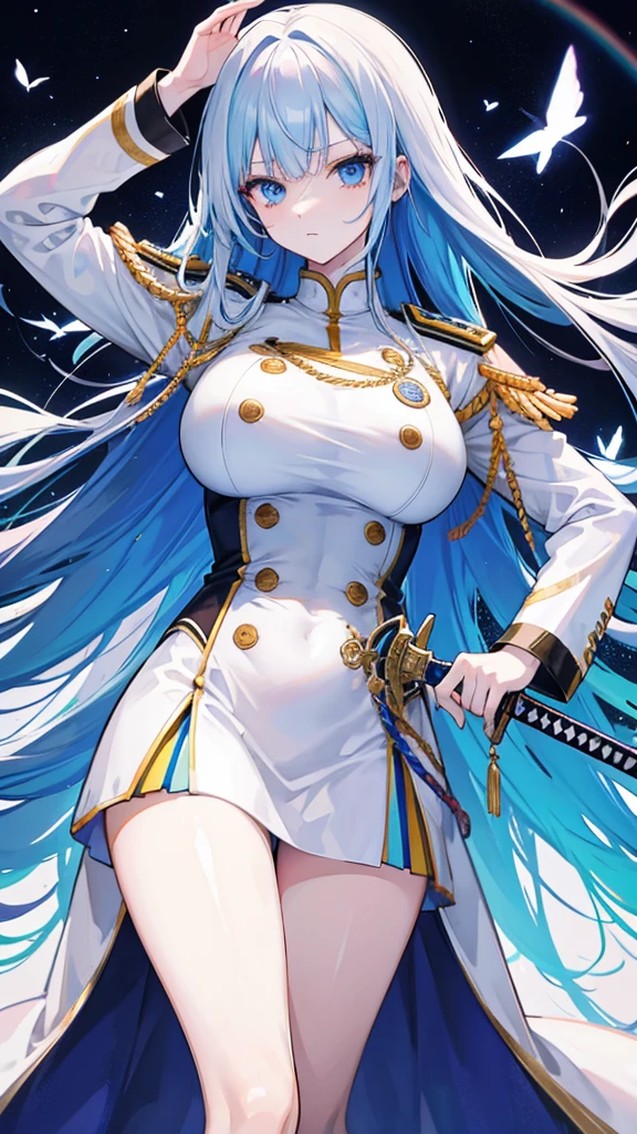 rainbow colored hair, expressionless, neat white uniform, holding a sword, very large breasts, long straight hair, blue eyes