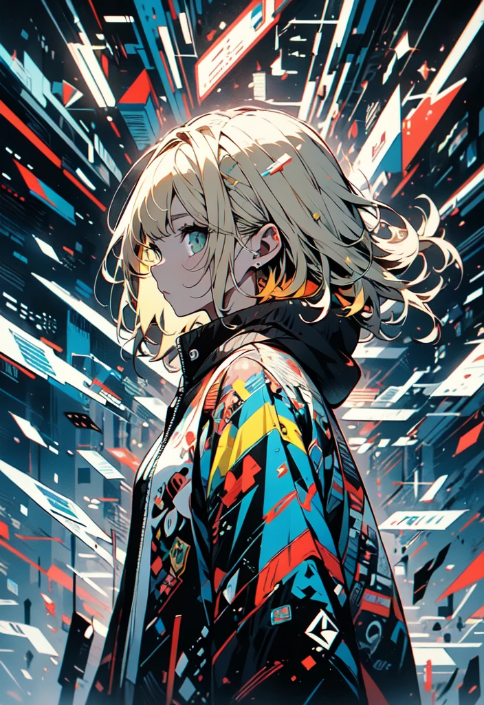 masterpiece, (beautiful and aesthetic:1.5), surrealism, highly detailed, anime, a side view painting of 1girl, wearing multicolored hoodie, blonde long hair, green eyes, red and dark blue color pallet, hard brush, gradient binary code effect, minimalist low poly collage illustration, paintings effect, heavy inking, featured on pixiv, saturated colors, hypercube, pixelsort, epic composition, epic proportion, dynamic lighting, HD