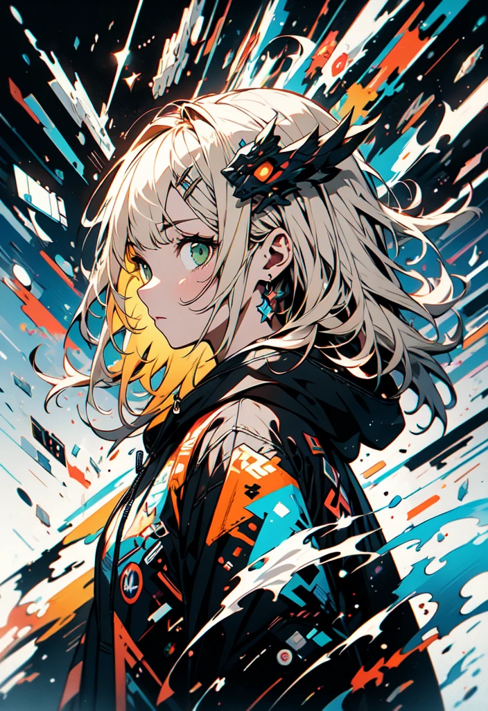 masterpiece, (beautiful and aesthetic:1.5), surrealism, highly detailed, anime, a side view painting of 1girl, wearing multicolored hoodie, blonde long hair, green eyes, red and dark blue color pallet, hard brush, gradient binary code effect, minimalist low poly collage illustration, paintings effect, heavy inking, featured on pixiv, saturated colors, hypercube, pixelsort, epic composition, epic proportion, dynamic lighting, HD