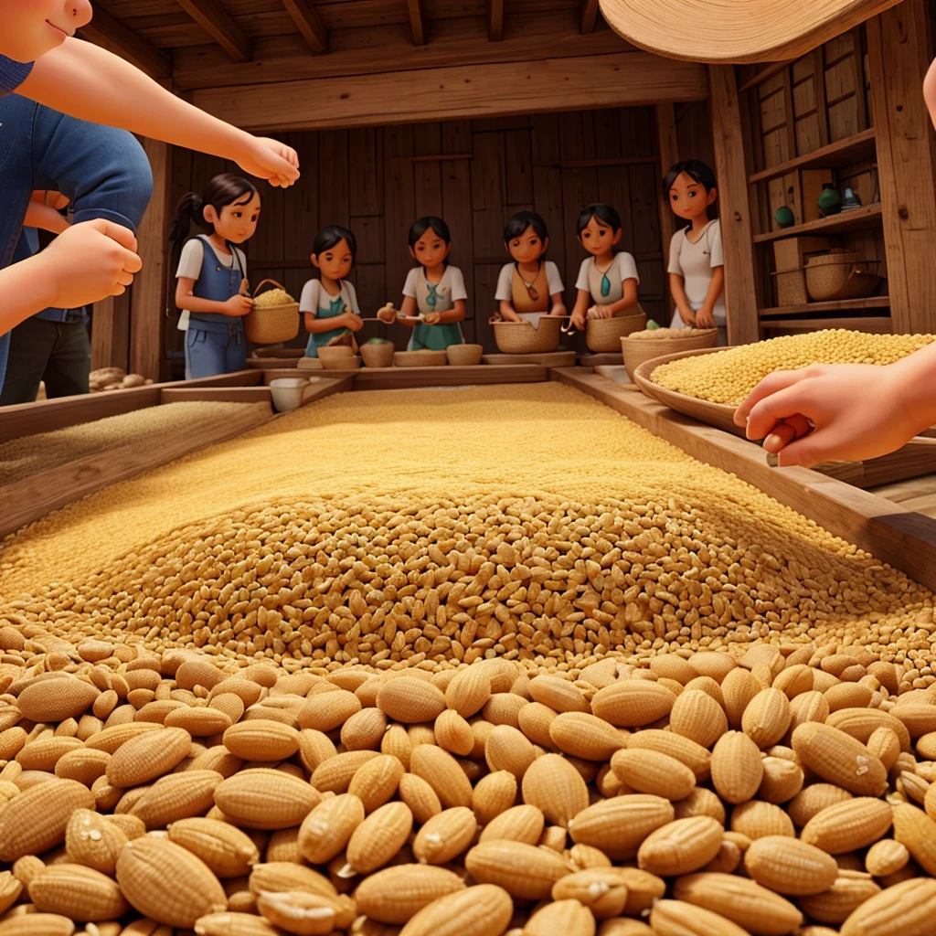 whole group came down and started collecting grains.