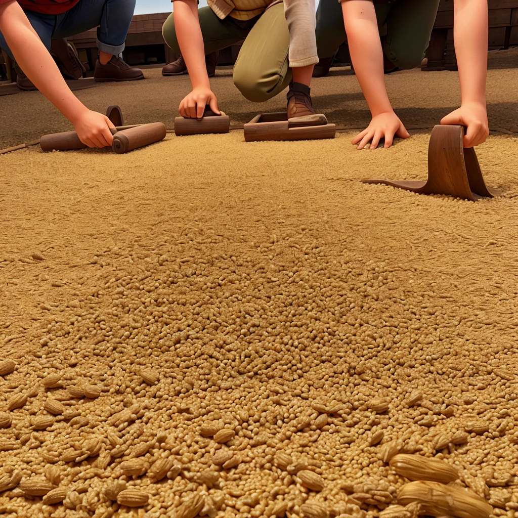 whole group came down and started collecting grains.