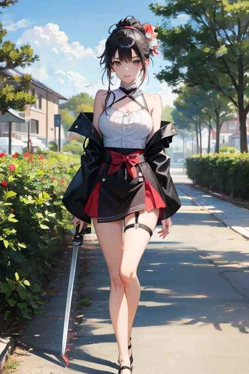 create an anime girl with a with a low neckline and a miniskirt and with a samurai sword in a luxurious school landscape and who is 18 years old
