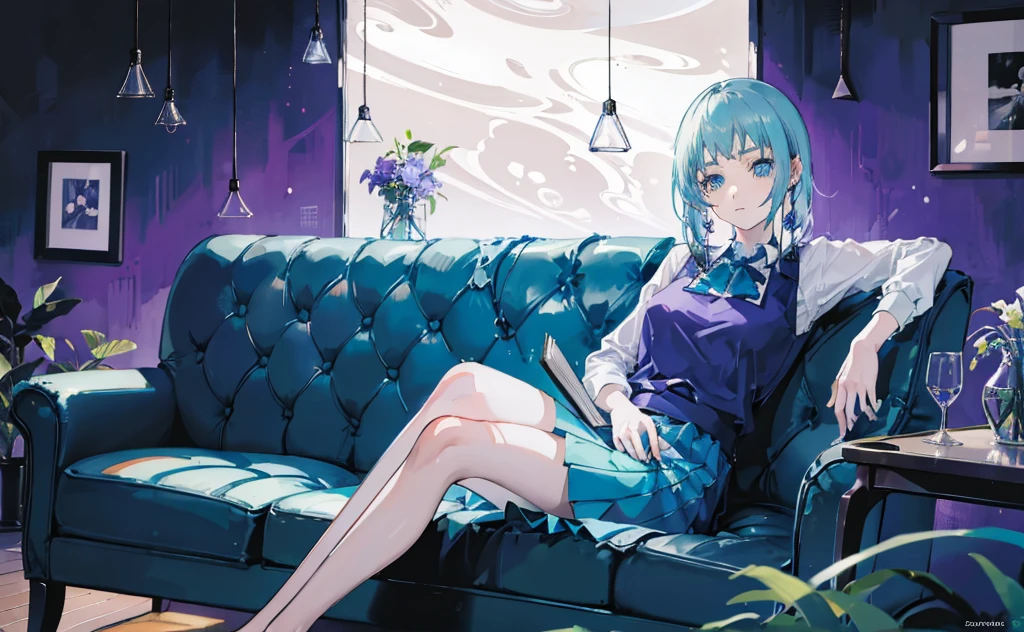 1 girl, long cyan hair, beautiful blue eyes, wearing a blue skirt vest, Pose sitting on the sofa, head leaning on the sofa, holding a book, reading a book, luxurious room, glass flowers in an aquarium, beautiful purple flowers