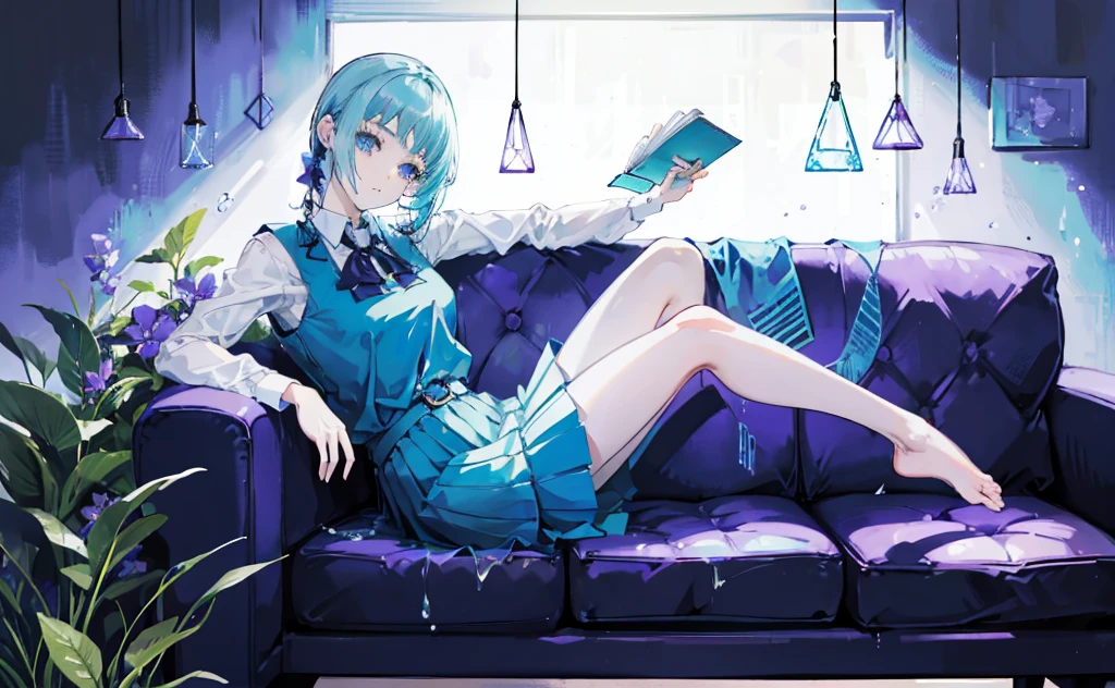 1 girl, long cyan hair, beautiful blue eyes, wearing a blue skirt vest, Pose sitting on the sofa, head leaning on the sofa, holding a book, reading a book, luxurious room, glass flowers in an aquarium, beautiful purple flowers 