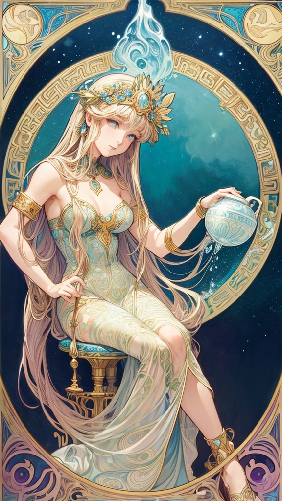 high quality, highly detailed, fantasy, Aquarius, a beautiful venus with long blond hair, pouring water from a ceramic jar, fantasy, mysterious, Alphonse Mucha's art nouveau lines, awesome full color,