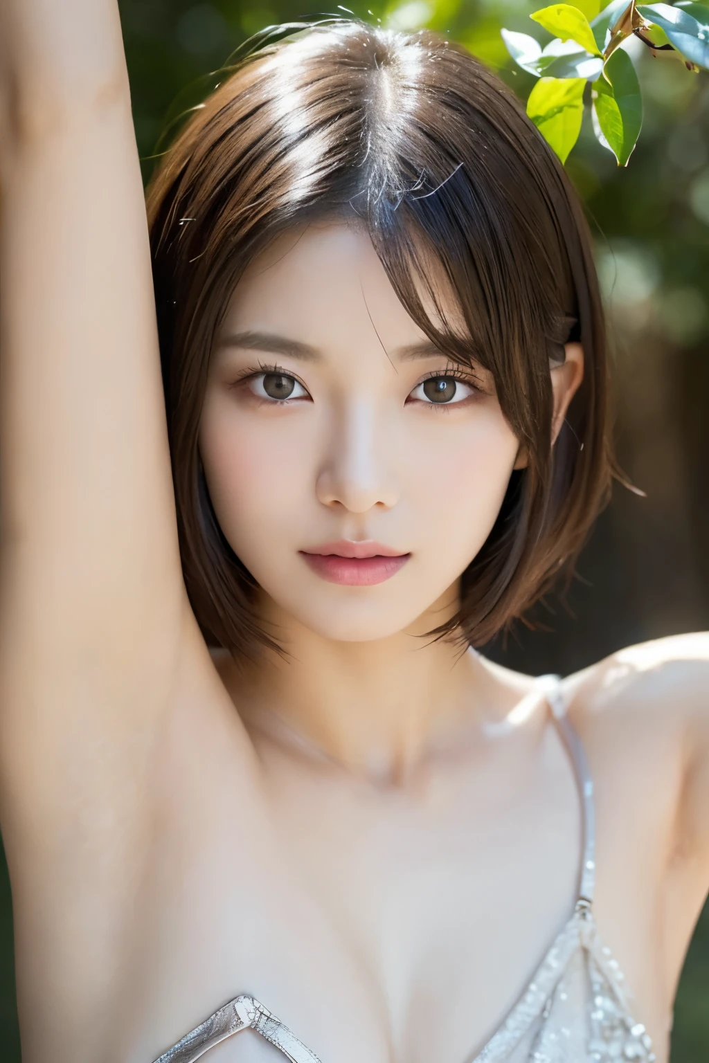 One Girl, ((Showing bare armpits:1.4))、(Naked Beauty:1.4), ((No underwear:1.3))、Beautiful Japanese actresses,((Close-up of face:1.4))、((Face with makeup:1.4))、(RAW Photos, Highest quality), (Realistic, Photorealistic:1.4), (Tabletop), 
Very delicate and beautiful, Very detailed, 2k wallpaper, wonderful, In detail, Very detailed CG Unity 8K 壁紙, Super detailed, High resolution, 
Soft Light, Beautiful detailed girl, Very detailed目と顔, Beautifully detailed nose, Beautiful attention to detail, Cinema Lighting, 
Midsummer plateau scenery, sunlight is pouring down, Green tree々, The sunshine is very bright,
Perfect Anatomy, Slender body, Small flat chest、((Silver short hair:1.2))