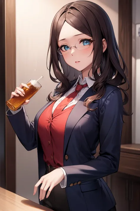 列奥纳多·da vinci, da vinci, blue eyes, brown hair, glasses, long hair, 
rest blue jacket and red tie and white shirt and red and wh...