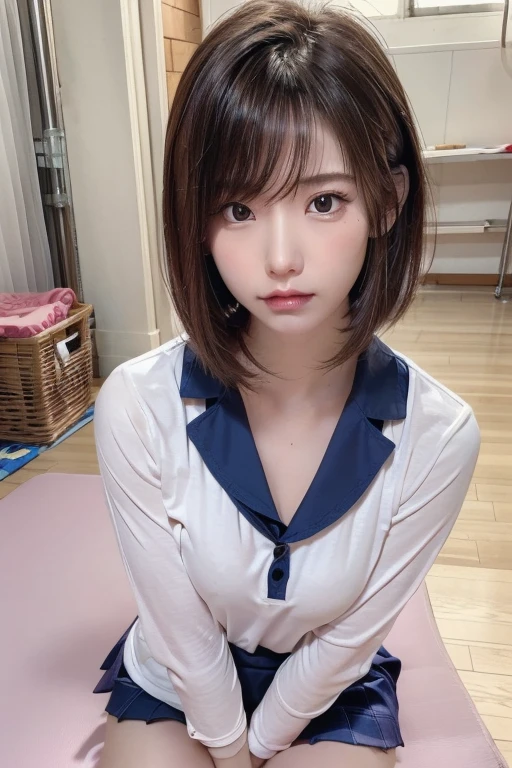 15-year-old female, Gal Makeup、Bust is 72cm, Brown Hair, Waist-length hair, The eyes are large、Realistic Face、Raped and crying、The penis is inserted into the vagina, On the mat in the gymnasium warehouse, Sleeping on your back, Wearing a torn sailor suit, The skirt is flipped up、Realistic shaved pussy、Full body image、I can see her 、High resolution