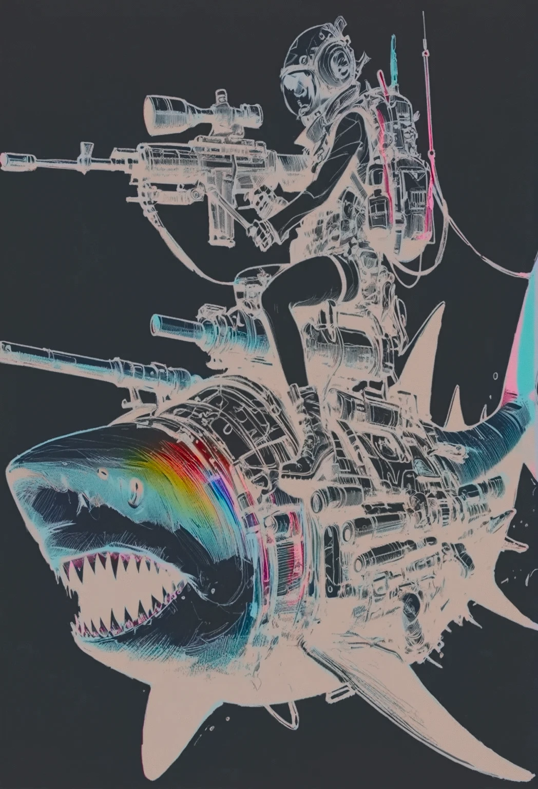 deep sea abyss, darkness, black, shades of grey, VHS, glitch, distorted, nostalgia, 90's retro vibes, analog tape, vcr aesthetics, tv, television, hand drawn, (full roygbiv color) ink charcoal expressive illustration, no light source, darkness, light mask uv rays across face, illustate (jamie hewlett style) tank girl, riding a shark submarine, sketch, unfinished, expressive ink bold line style, cinematic, splash page, wearing deep sea submersion suit, submarine shark sense of movement and energy