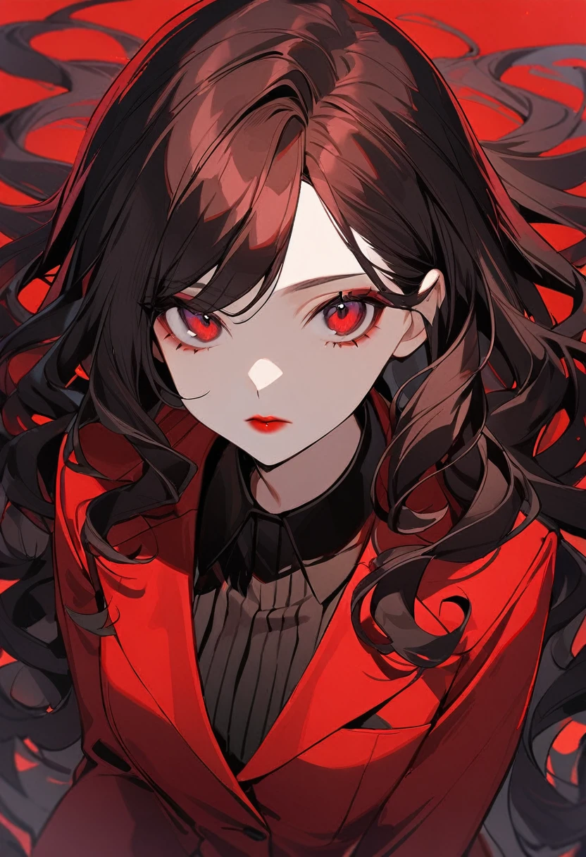 1girl, ((black long wavy hair)),dark red eyes, black eyeliner, red lipstick,dark red suit,comb hair,from above,upper body,simple background,Expressionless