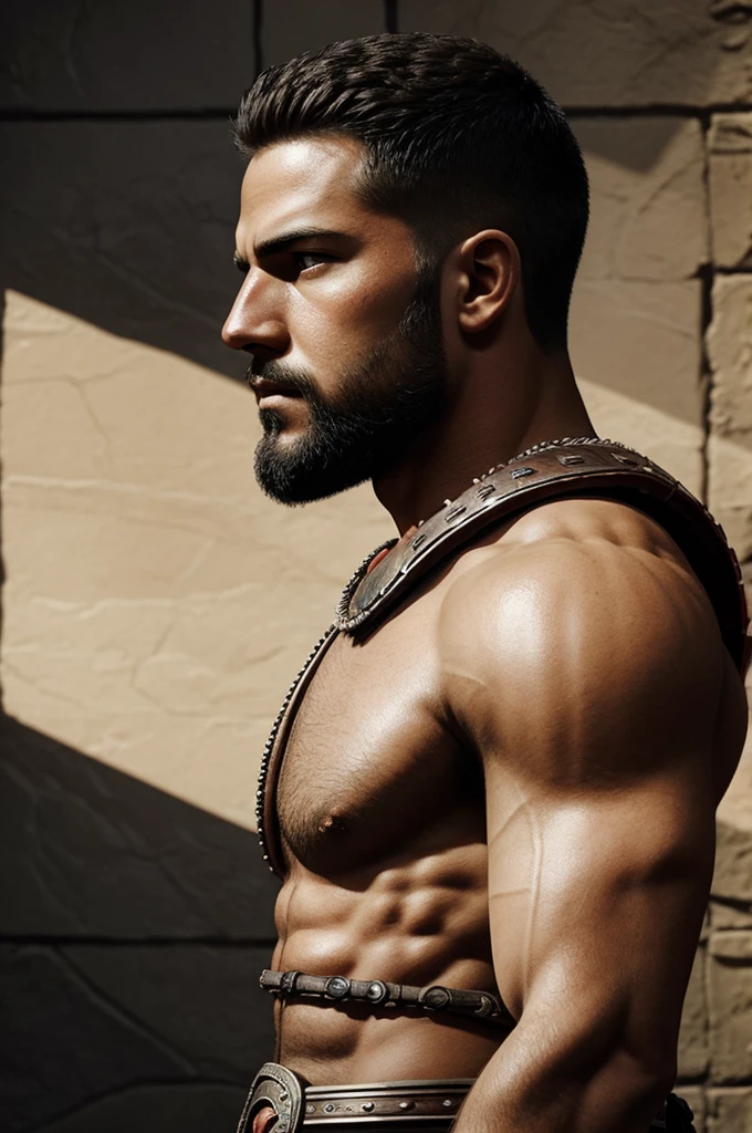 Create a realistic drawing with contrasting light and shadow of a gladiator with a side view of his face