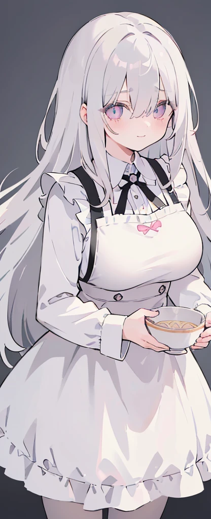 (((Long gray Beautiful Hair))),gray hair,kawai,(((Eyes visible from bangs,hair over eyes:1.3))),,Huge breasts,(pink color eyes),,(pink slanted eyes),1girl in,bangs,long gray hair, pantyhose,Cowboy Shot,white background,short hair,smiled,(wearing pink maid clothes), (maid dress type must have a perfect black vest), Bangs should be long to the tip of the chin(((, focusing on the bowl containing the dough and holding a spoon to stir it))), Kitchen room background, Perfect arm fingers,,, 1 girl, ((The image must match the tag)) Bangs almost cover the eyes full body (The character's entire body from top to bottom is completely visible)
