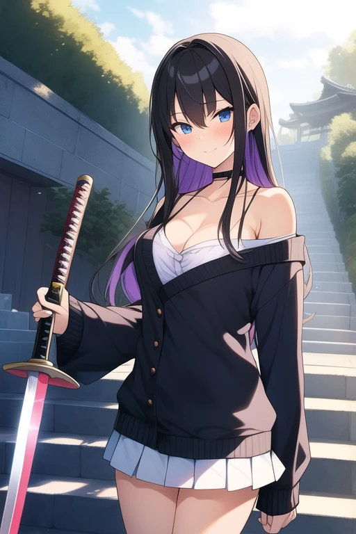 create an anime girl with a  with a low neckline and a miniskirt and with a samurai sword in a luxurious school landscape and who is 18 years old
