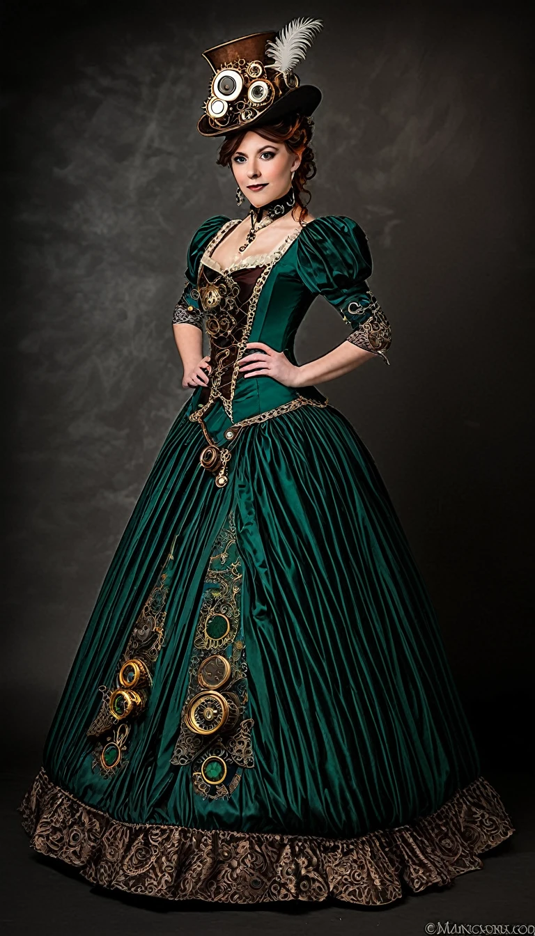 A steampunk aristocrat enchantress attends a ball wearing a gown that embodies the ingenuity of the Victorian era, with intricate clockwork details and a touch of whimsy.