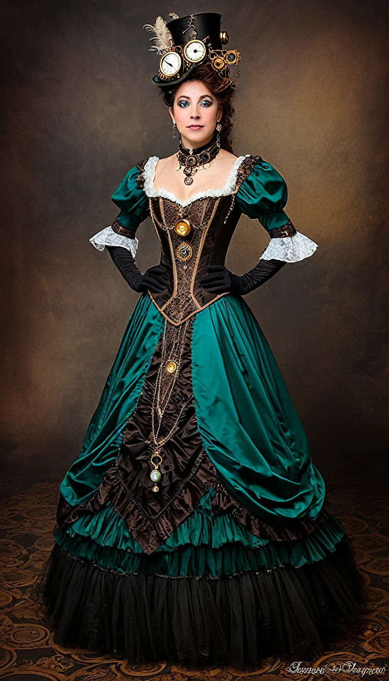 A steampunk aristocrat enchantress attends a ball wearing a gown that embodies the ingenuity of the Victorian era, with intricate clockwork details and a touch of whimsy.