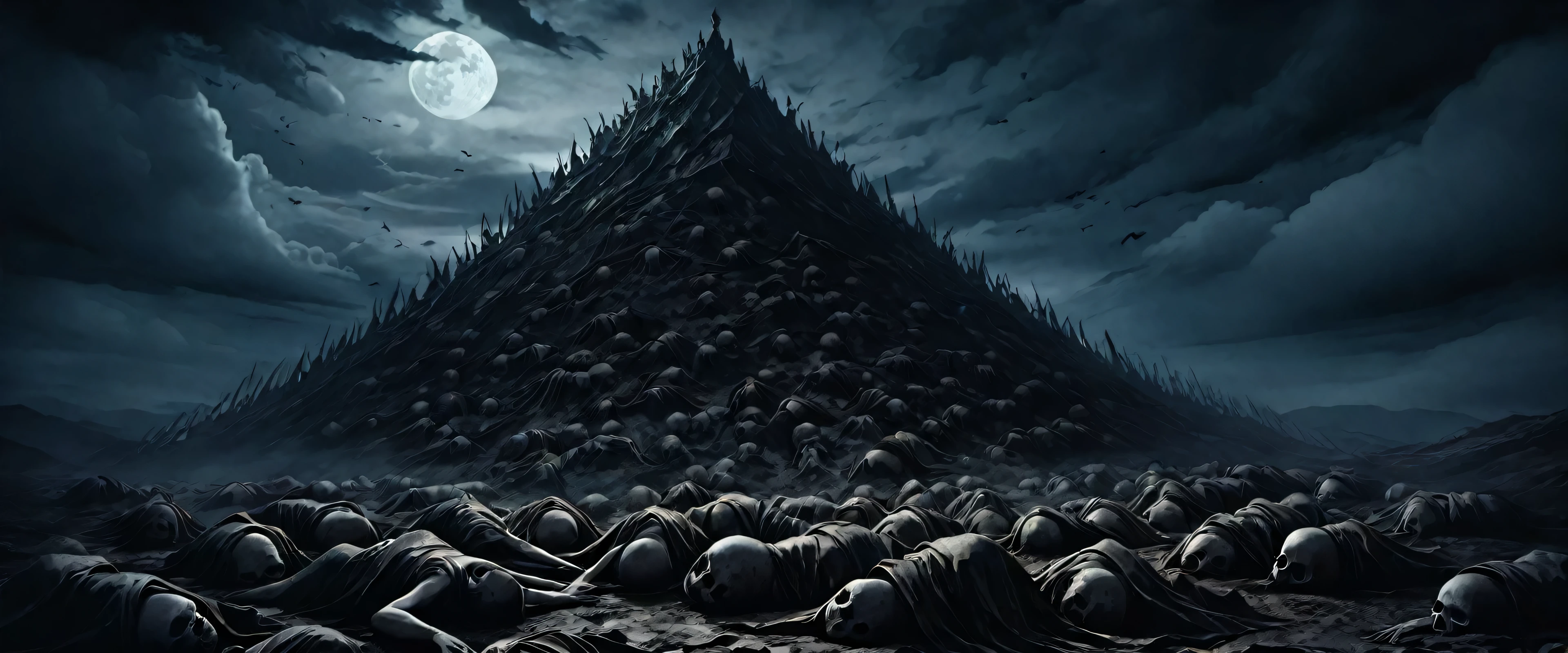 a mountain formed by hundreds, if not thousands, of stacked human corpses, piled one on top of the other, creating a macabre structure rising towards a dark night sky. The bodies are entangled and haphazardly mounded, an endless, shapeless pile of death. The scene is bathed in a dim, ominous light, likely from a moon obscured by clouds. The mountain of bodies completely dominates the image, creating a sense of horror and despair at the magnitude of this accumulation of lost lives. art, painting, mountain, pile of bodies, corpses, dark, night, moon, disturbing, grim, horror, death, macabre