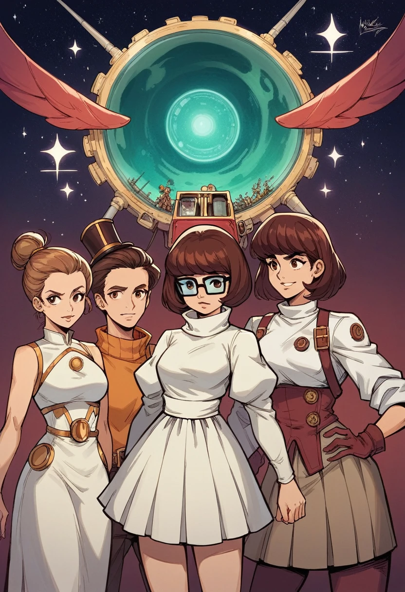 arafed image of a woman in a white dress standing in front of a group of people, 70s Science Fiction Art, Attractive brown-haired woman, Still frame in, Hyperpolarizers, Promotional Rendering, By Menez, Cosmic Björk, Steampunk, Velma, Mars Attacks, Circa 1970, cp2077  