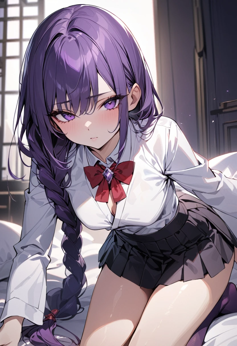 masterpiece, best quality, young woman, dark purple hair, very long single braid, bright purple eyes, white collared shirt, long sleeves reminiscent of a kimono, thin red bow tie with a diamond-shaped pin on the front of the bow under the collar, black high-waisted pleated skirt, dark purple high socks, seductive pose, expressionless