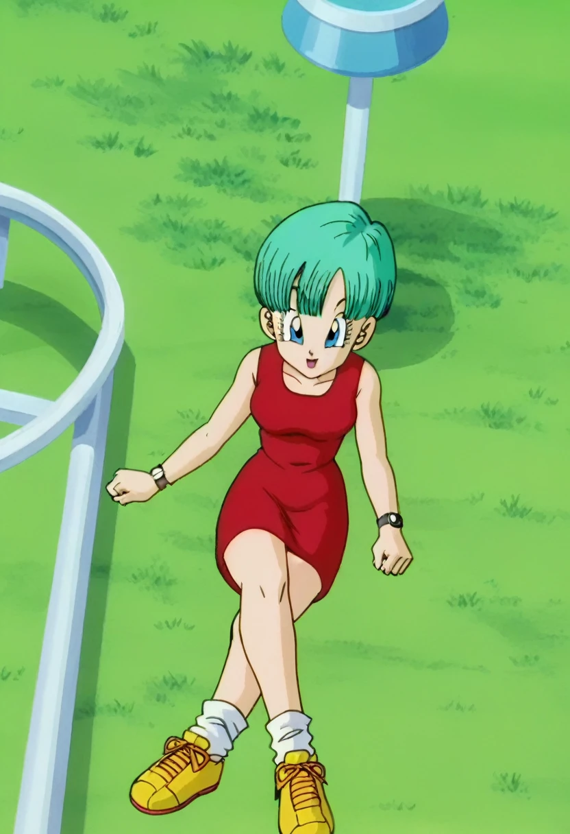 fountain_cheered up, score_9, score_8_above, score_7_above, cheered up screencap,
BULMA, 1 girl, Alone, buu saga, aquamarine hair, very short hair, bowl cut, Blue eyes, wristwatch, Red dress, sleeveless, loose socks, Yellow sneakers, Grass, Field, from below,crossed legs , ladder
 