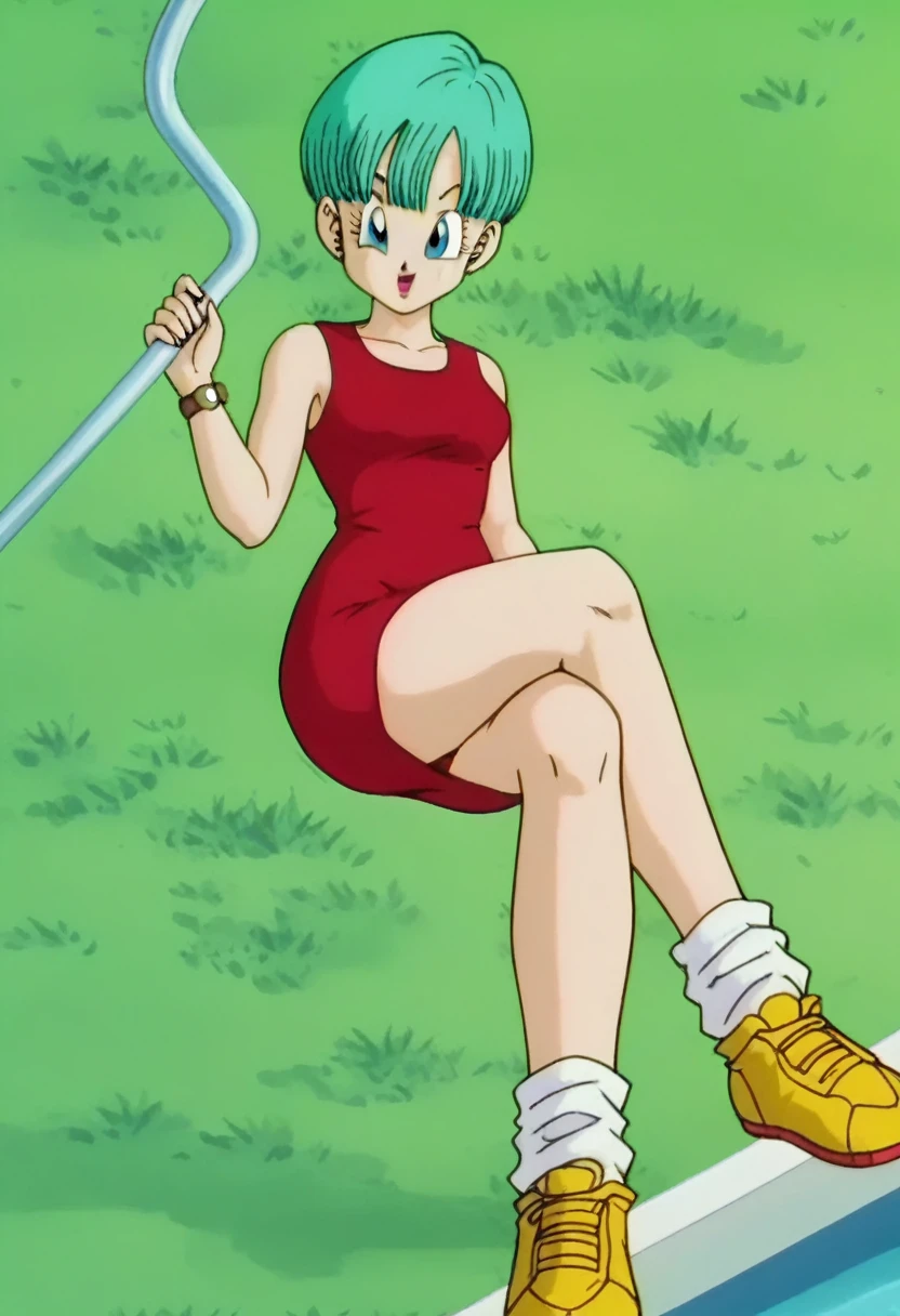 fountain_cheered up, score_9, score_8_above, score_7_above, cheered up screencap,
BULMA, 1 girl, Alone, buu saga, aquamarine hair, very short hair, bowl cut, Blue eyes, wristwatch, Red dress, sleeveless, loose socks, Yellow sneakers, Grass, Field, from below,crossed legs , ladder