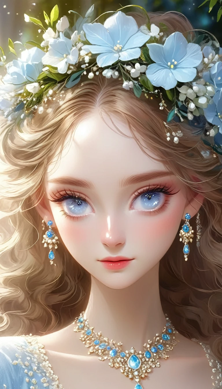 a beautiful young woman with piercing light blue eyes, long eyelashes, delicate facial features, detailed skin texture, flowing hair, serene expression, soft lighting, ethereal atmosphere, intricate floral crown, ornate jewelry, (best quality,4k,8k,highres,masterpiece:1.2),ultra-detailed,(realistic,photorealistic,photo-realistic:1.37),cinematic lighting,highly detailed portrait,elegant,graceful,serene