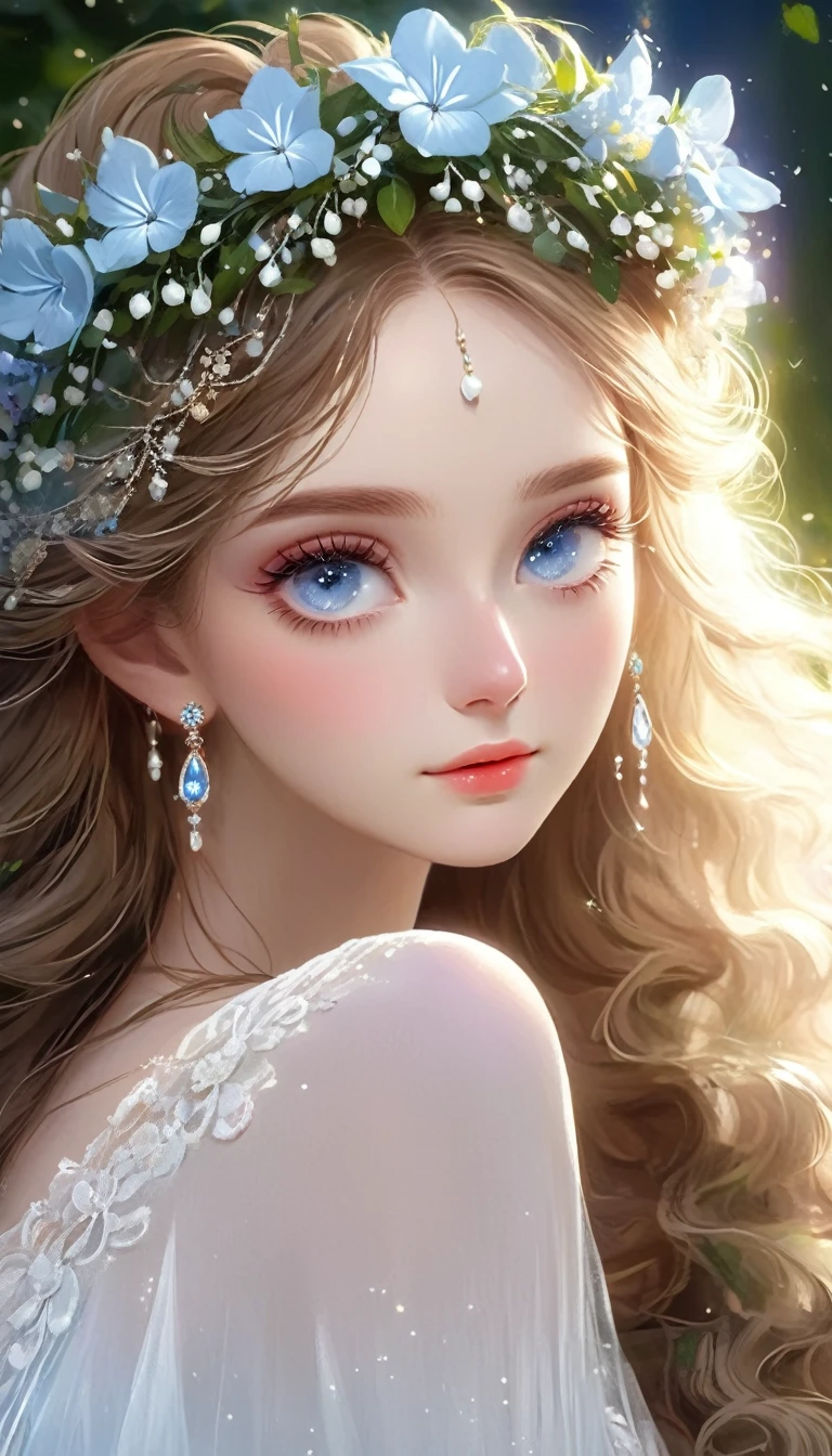 a beautiful young woman with piercing light blue eyes, long eyelashes, delicate facial features, detailed skin texture, flowing hair, serene expression, soft lighting, ethereal atmosphere, intricate floral crown, ornate jewelry, (best quality,4k,8k,highres,masterpiece:1.2),ultra-detailed,(realistic,photorealistic,photo-realistic:1.37),cinematic lighting,highly detailed portrait,elegant,graceful,serene