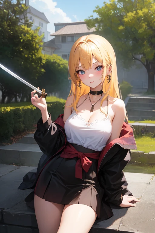 create an anime girl with a with a low neckline and a miniskirt and with a samurai sword in a luxurious school landscape and who is 18 years old