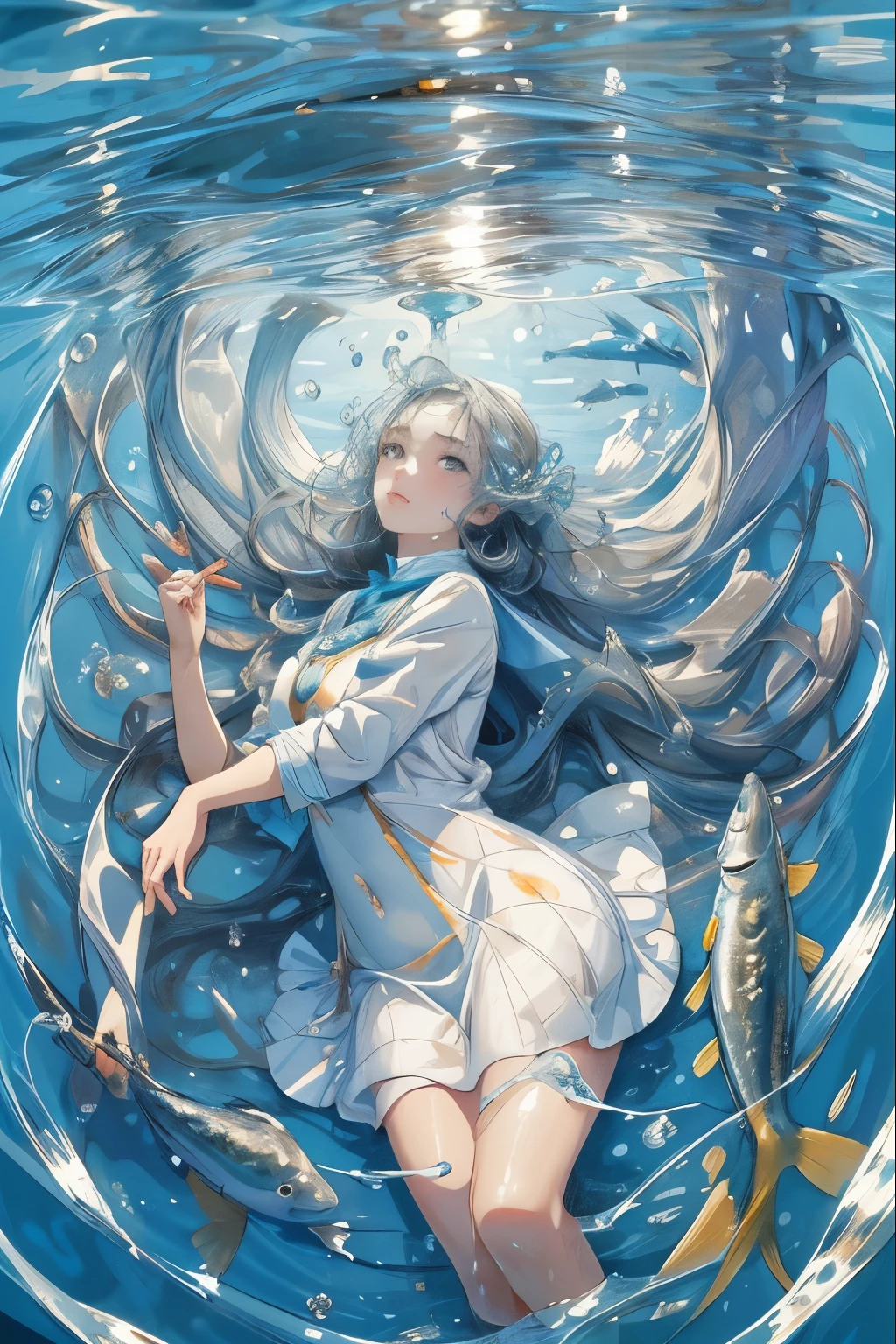 Abstract background,(figure:1),masterpiece,Highest quality,Detailed face and eyes,1 Girl,The physics of hair in water,Air bubbles,Light transmitted through water,reflection,lying down in water,Separate the water layer,Fish school,beauty,