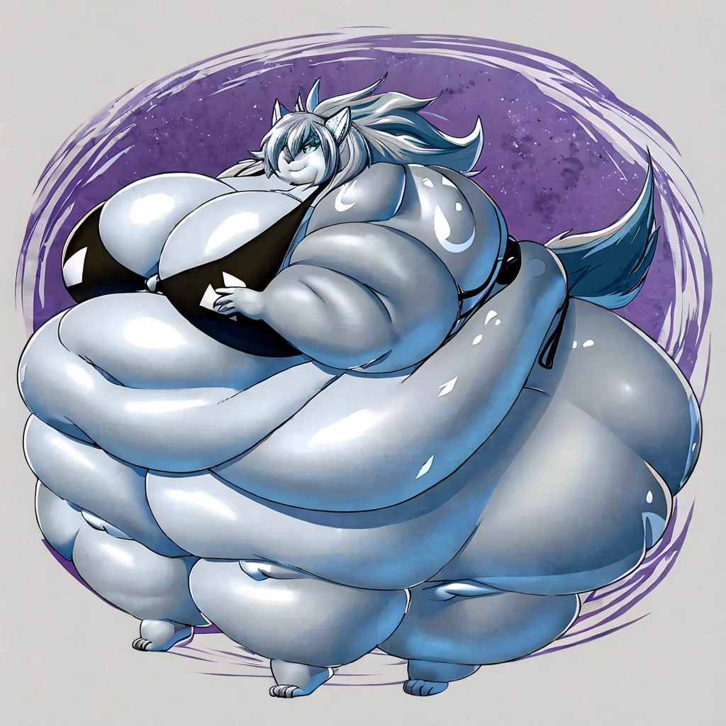 Silver wolf, female, huge breasts, huge hips, huge thighs, plump, voluptuous, morbidly obese, fat arms, fat legs, belly rolls, fat rolls,silver body,white spots,white markings, silver eyes,silver hair,shiny hair,messy hair,bikini