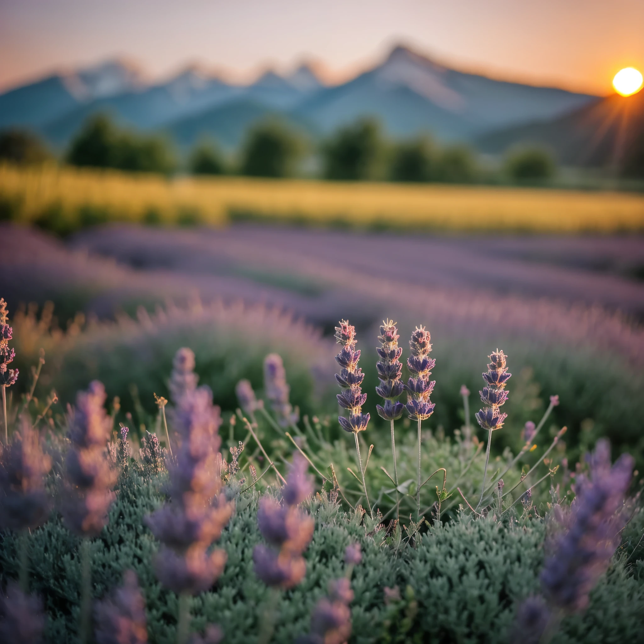 (depth of field:1.4), chiaroscuro, bokeh, f/1.2, Realism, Verism, close-up, UHD, highres, 1080P, HD, best quality, high quality, super detail, lavender field, at sunset, summer, against the background of mountains5