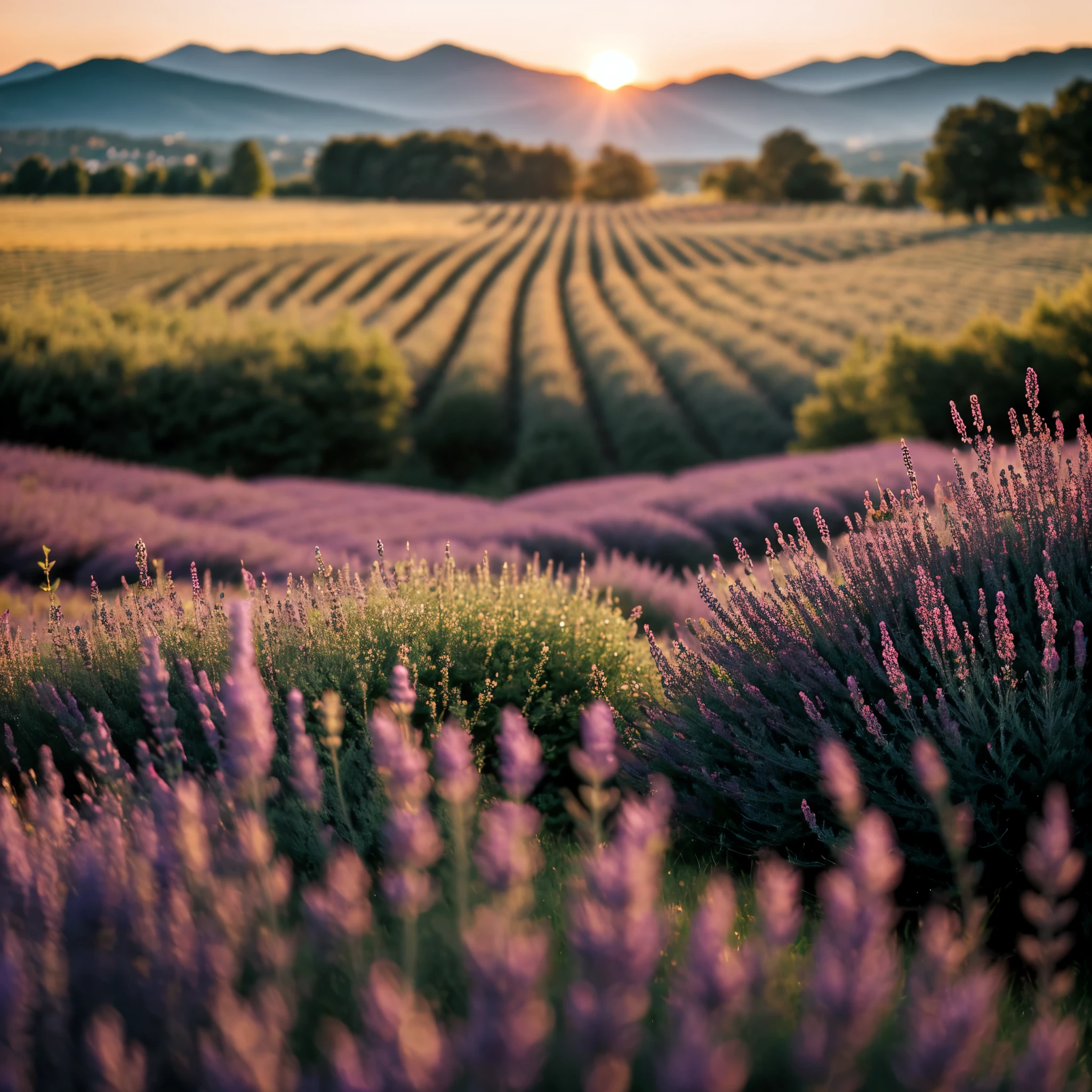 (depth of field:1.4), chiaroscuro, bokeh, f/1.2, Realism, Verism, close-up, UHD, highres, 1080P, HD, best quality, high quality, super detail, lavender field, at sunset, summer, against the background of mountains5