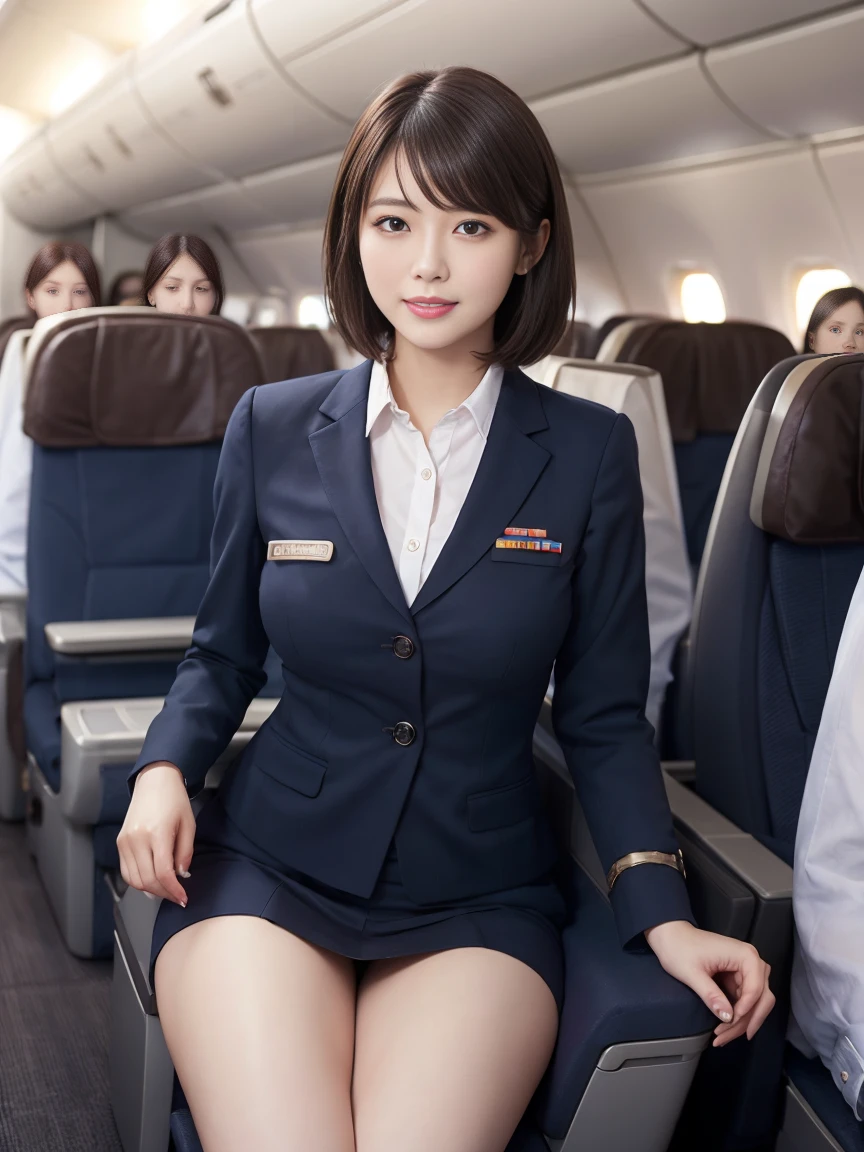 1 female, 40 years、very detailed顔、lip details、detailed eye、double eyelid、(black bob hair、Like an airplane stewardess々please do a good job)、(stewardess uniform:1.2)、(glamorous body)、(big breasts)、smile、thighs thighs thighs, Exactly, perfect image realism, With background: (airplane business class aisle:1.2), cowboy shot, detailed background, detailed costume, perfect lighting、hyper realism、(Photoreal:1.4)、8K maximum resolution, (masterpiece), very detailed, Professional