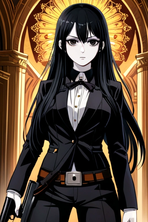 Anime tough girl with long black hair and pale skin and black eyes and has a gun in her hand