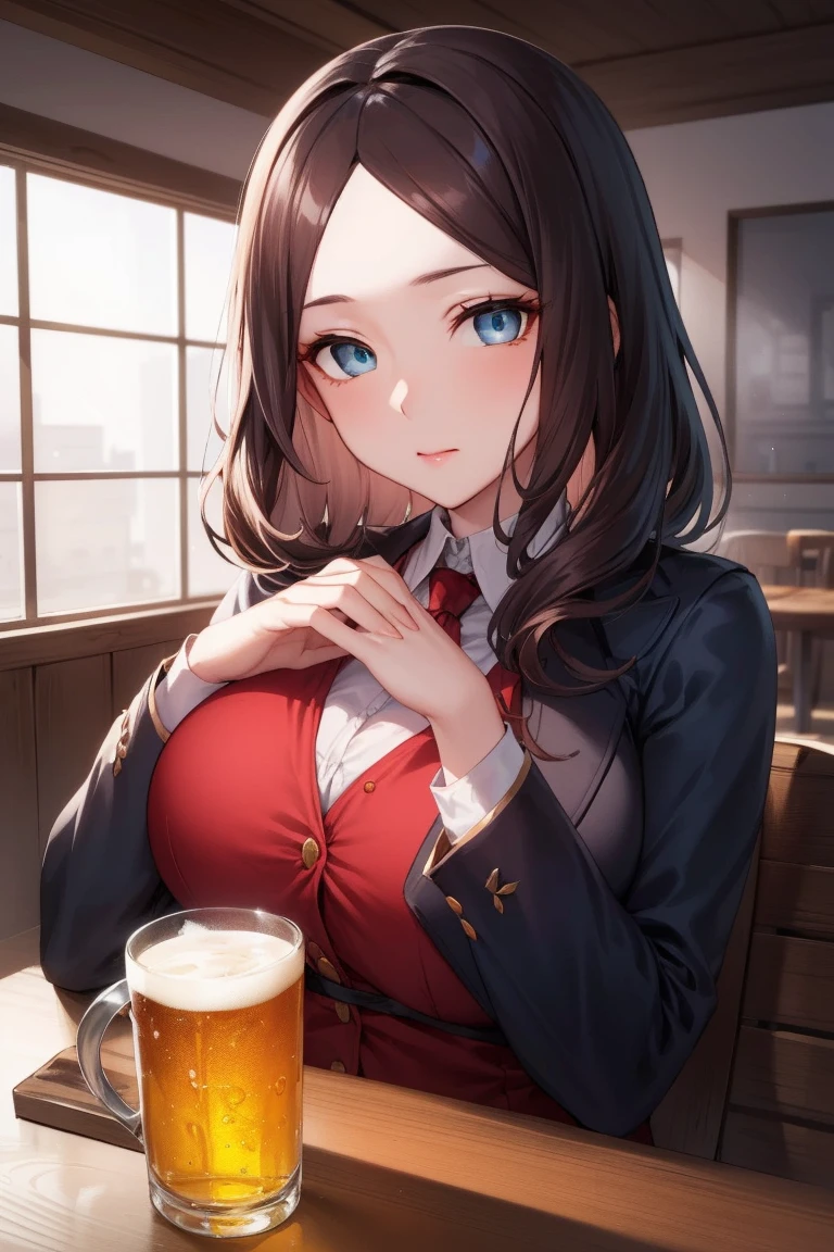 列奥纳多·da Vinci, da Vinci, blue eyes, Brown hair, Long hair,
rest blue jacket and red tie and white shirt and red and white shirt,
rest looking at viewer,permanent,
rest indoors,
rest (masterpiece:1.2), best quality, high resolution, Unity 8K wallpaper,Not suitable for working hours ,(illustration:0.8), (Beautiful and delicate eyes:1.6), Extremely detailed face, Perfect lighting, Extremely detailed CG, (Perfect hands, Perfect anatomical structure)A hand holding a beer bottle,Super big breasts