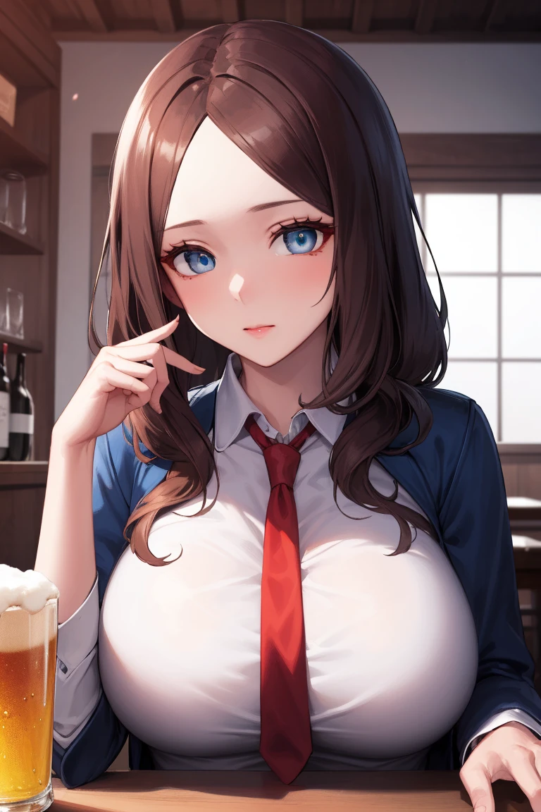列奥纳多·da Vinci, da Vinci, blue eyes, Brown hair, Long hair,
rest blue jacket and red tie and white shirt and red and white shirt,
rest looking at viewer,permanent,
rest indoors,
rest (masterpiece:1.2), best quality, high resolution, Unity 8K wallpaper,Not suitable for working hours ,(illustration:0.8), (Beautiful and delicate eyes:1.6), Extremely detailed face, Perfect lighting, Extremely detailed CG, (Perfect hands, Perfect anatomical structure)A hand holding a beer bottle,Super big breasts