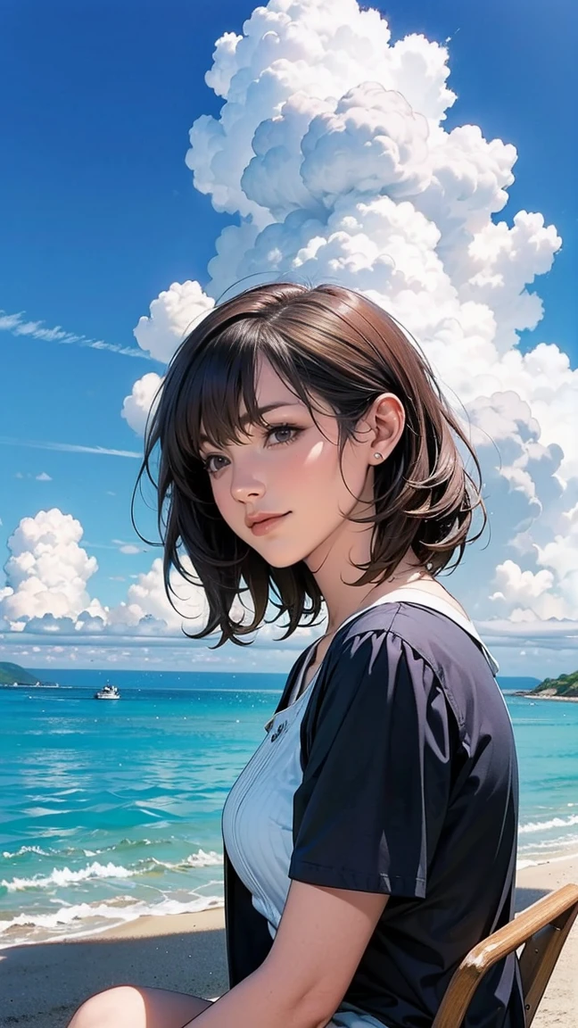 ((最high quality, 8K, masterpiece: 1.3, Ultra HD, high quality, 最high quality, High resolution, realism)) 、Beautiful 18-year-old stateless woman、The hair is brown、Iridium Hair、My hair is wavy、smile、I want to keep my head out of the screen.、sit on a high breakwater on the beach、The blue sky is beautiful、There is a cloud at the entrance、that'summer、In jeanstshirt、There is a road in front of the breakwater.、There is a sign indicating the bus stop.、The sea is beautiful、Beautiful Horizon、 island can be seen offshore