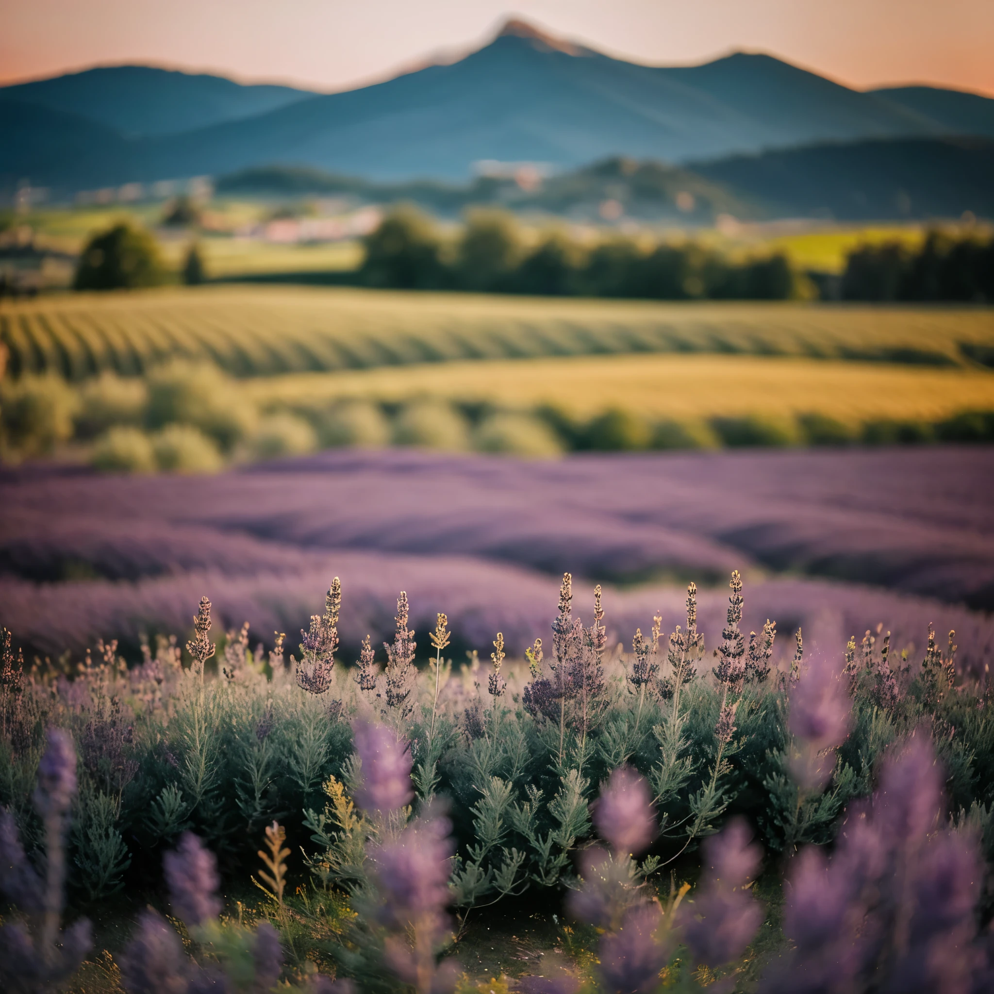 (depth of field:1.4), chiaroscuro, bokeh, f/1.2, Realism, Verism, close-up, UHD, highres, 1080P, HD, best quality, high quality, super detail, lavender field, at sunset, summer, against the background of mountains5