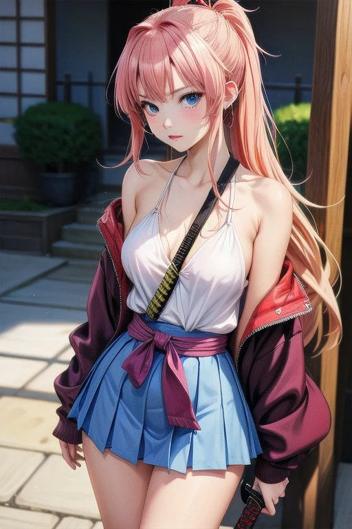 create an anime girl with a with a low neckline and a miniskirt and with a samurai sword in a luxurious school landscape and who is 18 years old