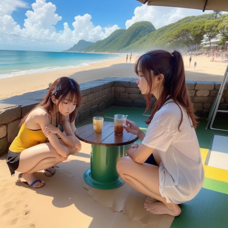 women、nakeness、squatting pose、urinate、whaite hair、Need、Masterpiece artwork、Beach by the Sea
