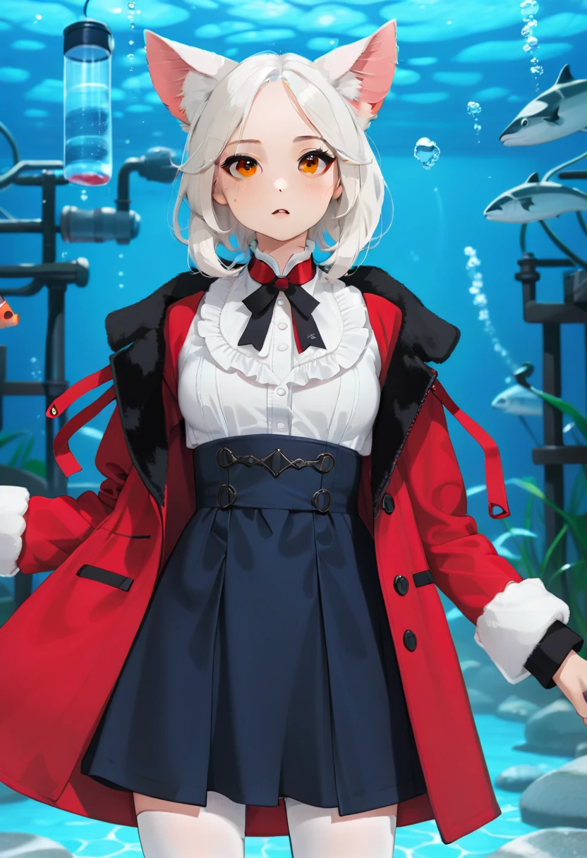 masterpiece, highest quality, highest resolution, clear_image, detailed details, White hair, long hair, cat ears, 1 girl, red eyes, white lab coat (with a black short skirt), white pantyhose, white scarf (around the neck), cute, full body, no water marks, laboratory, no extra limps, no extra body, NSFW, small breast