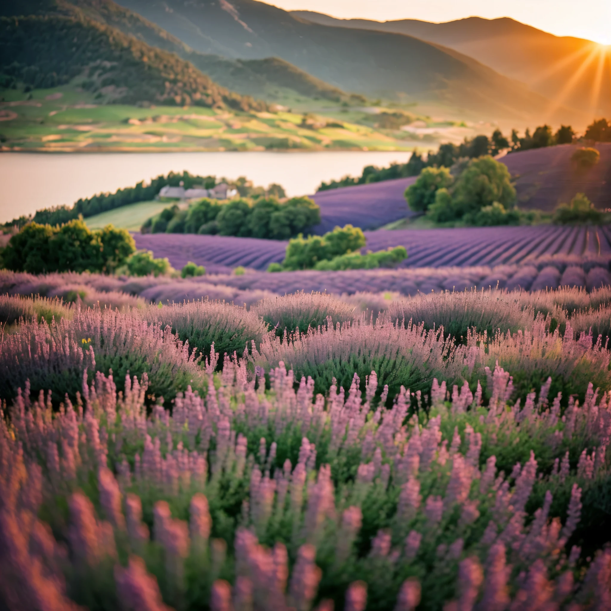 , chiaroscuro, bokeh, f/1.2, Realism, Verism, close-up, UHD, highres, 1080P, HD, best quality, high quality, super detail, lavender field, at sunset, summer, against the background of mountains5