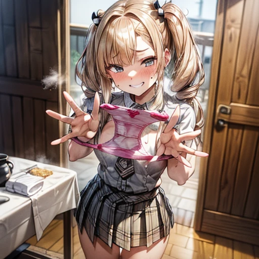 NSFW、Blonde, {{{Half Twin Tail:1.3}}}、shirt, Plaid, blush, white shirt, hair ornaments, Manicure, Plaid skirt, Pleated skirt,
,Pay attention to the panties,Quality underwear,
Look down,View your viewers,Panties as a gift,Tabletop, Highest quality, Perfect Skin, Detailed skin texture, Ultra-detailed, 8K, Intricate details, Beautifully detailed face,High resolution,
Grin, smile, Looking down at the viewer, masterpiece, (((Panties are dirty with pee)))、(((pussy、Love juice)))、(((Sweat)))、(((Body odor)))、(((Sweatだく)))