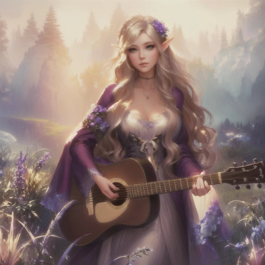 There is a woman with a guitar in a flower field, fog、evening、Fantasy art style, Beautiful fantasy art, Elven bard of the forest playing the lute, Beautiful fantasy art portrait, Fantasy Art, very Beautiful fantasy art, Realistic fantasy art, Detailed fantasy digital art, epic Fantasy art style hd, beautiful fantasy portrait, epic Fantasy art style, Detailed fantasy art, Amazing fantasy art