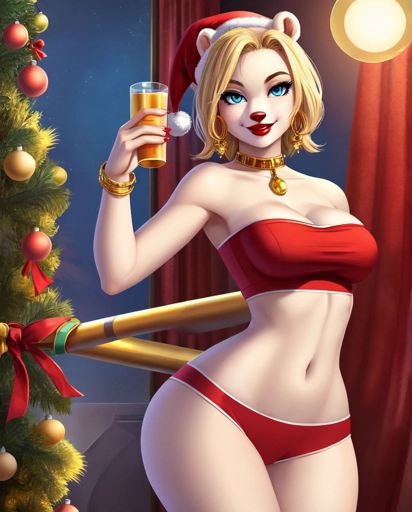 Blonde polar bear girl, wearing a Christmas tube top, perfect face, blue eyes, medium breasts, cleavage, three-quarter view, solo, smile, perfect detailed body, red lipstick, gold earrings, slim waist, wide hips