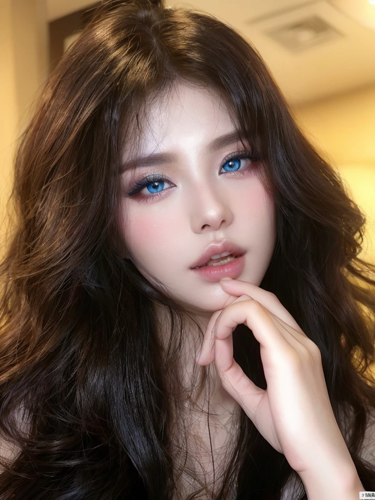 Arafed woman with long hair and blue eyes posing for a photo., sexy face with full makeup, South Korean popular makeup, Popular Korean makeup, with professional makeup, Yanjun Chengt, ulzzang, Sakimichan, with round face, sensual look, Full round face, tomada with canon eos 5 d mark iv, soft portrait 8k