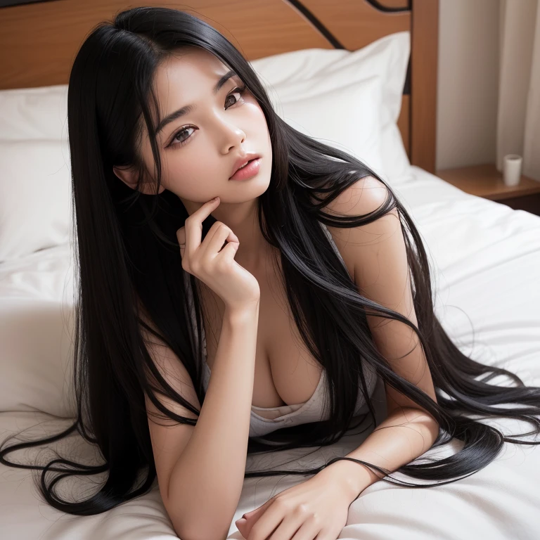 ((Best image quality、Highest quality、Highest Resolution、Ultra-realistic photos、))、There is a lot of black hair on the bed、Super long hair of about 3 meters、Super Super Long Haircut、Lying on her back in bed, sleeping in bed, looking a little sleepy, with her hair spread out in a sexy pose.